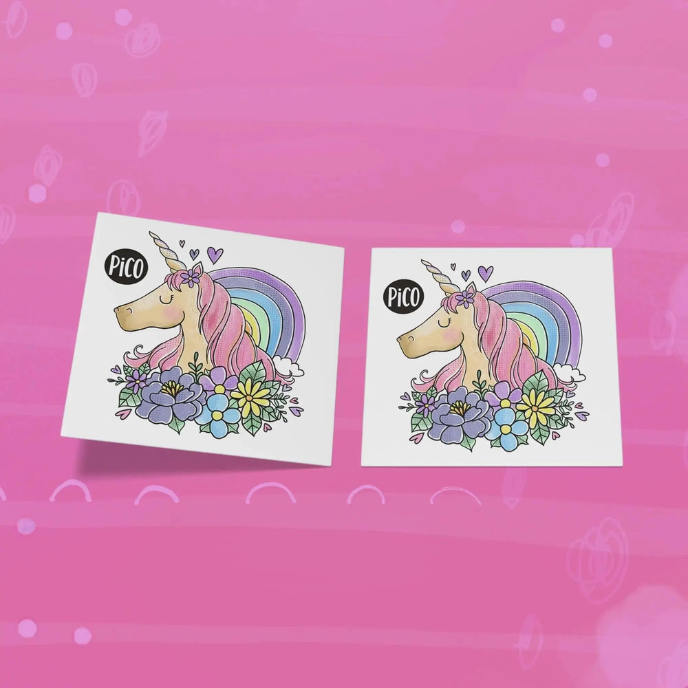 faux tatouages pour enfant avec des licornes idéal pour les fête d'anniversaire. lotd e 25 feuille identiques, produit du québec fait par pico