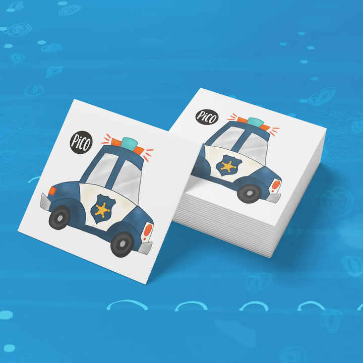 Tatouage temporaire pour enfant représentant une voiture de police avec girophare en bleu marine et orange sur fond blanc, format 2 pouces par 2 pouces
