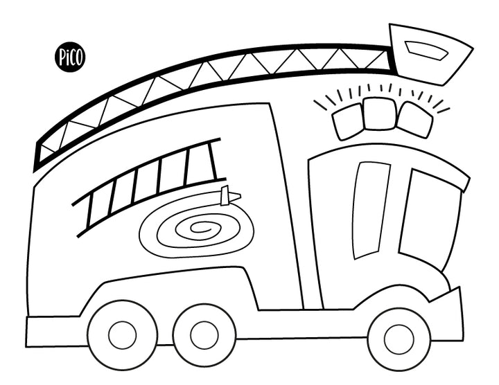 Coloriage gratuit de camion de pompier pour enfants avec échelle, sirènes et détails rigolos à imprimer / Free fire truck coloring page for kids with ladder, sirens and fun details to print at home
