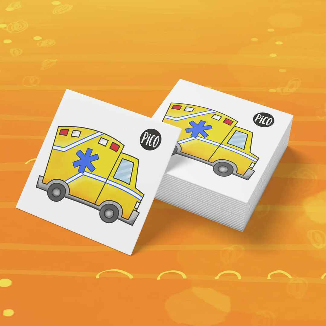 Tatouage temporaire pour enfant représentant une ambulance orange et jaune avec girophare, format 2 pouces par 2 pouces, thème premiers secours / Temporary tattoo for children featuring an orange and yellow ambulance with flashing light, 2 inches by 2 inches format, first aid theme