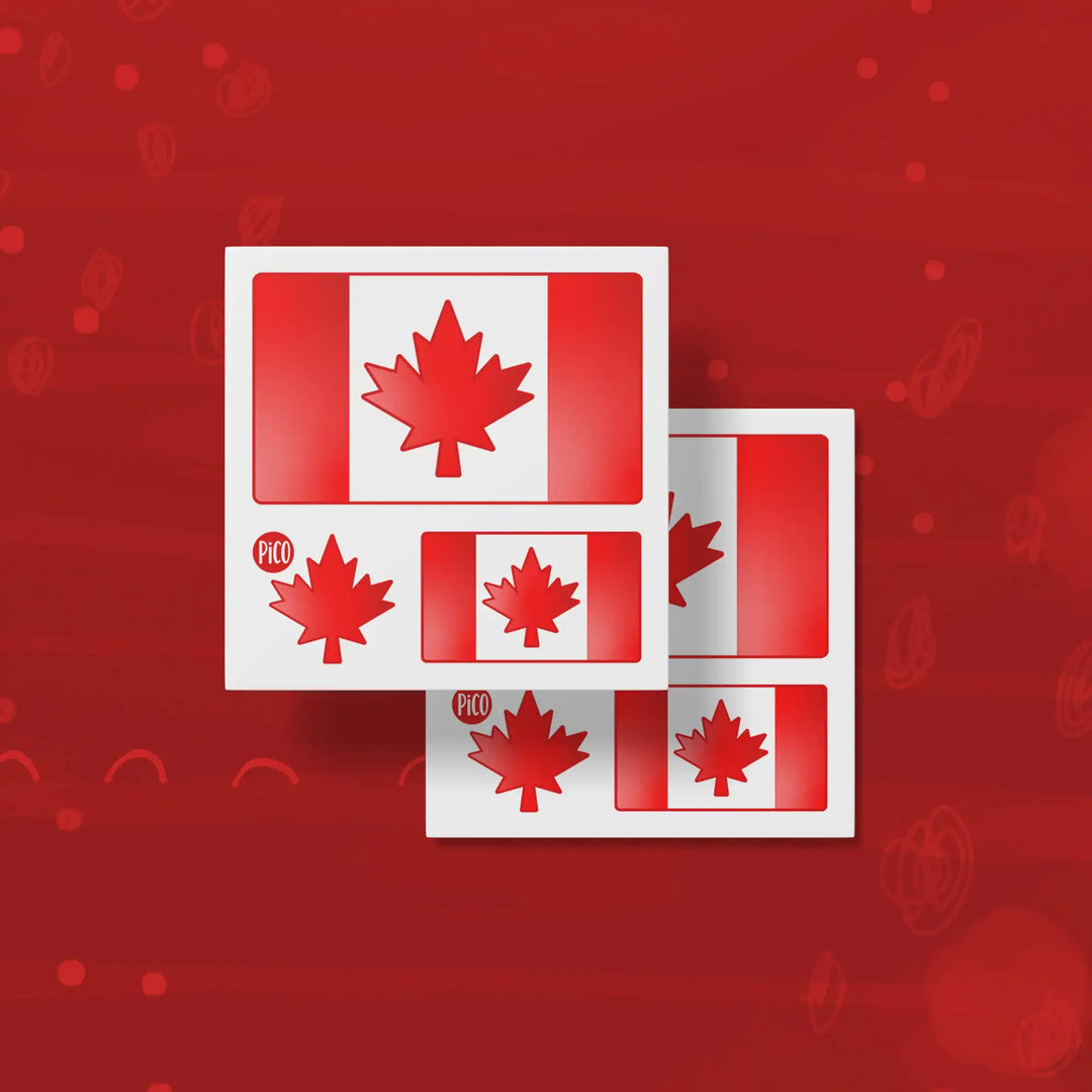 Tatouages temporaires pour enfants sur le thème de la fête du Canada avec feuilles d'érable rouges, drapeaux canadiens et feux d'artifice / Temporary tattoos for kids featuring Canada Day theme with red maple leaves, Canadian flags and fireworks


