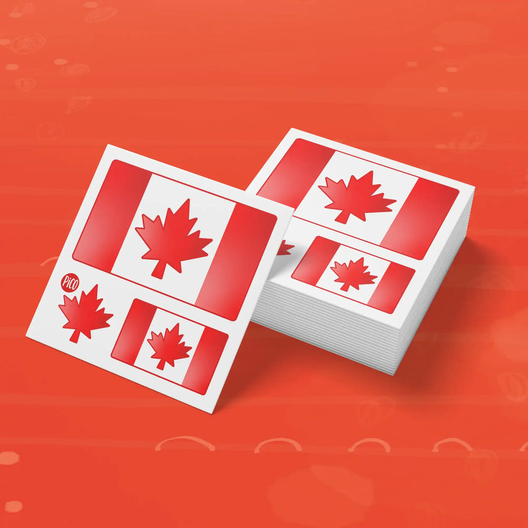 Tatouages temporaires pour enfants sur le thème de la fête du Canada avec feuilles d'érable rouges, drapeaux canadiens et feux d'artifice / Temporary tattoos for kids featuring Canada Day theme with red maple leaves, Canadian flags and fireworks

