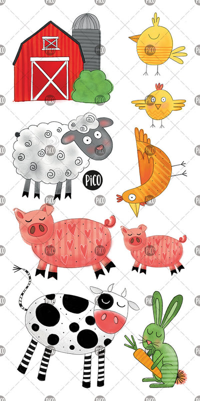 PiCO Tatoo, tatouages temporaires, Ma journée à la ferme avec les poussins, vaches et cochons.