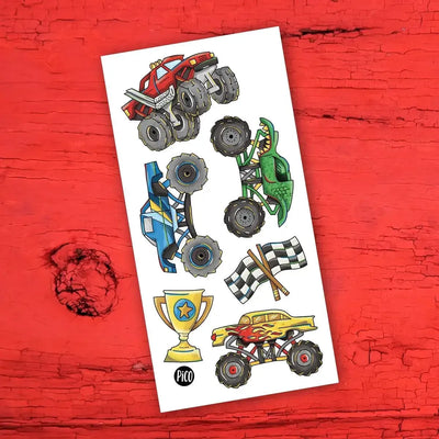 Tatouages temporaires de camions monstres pour les fans de sport extrême par PiCO Tatouages temporaires. Design réalisé au Québec / Fantastic monster truck temporary tattoos by PiCO Temporary Tattoos. Design made in Canada.