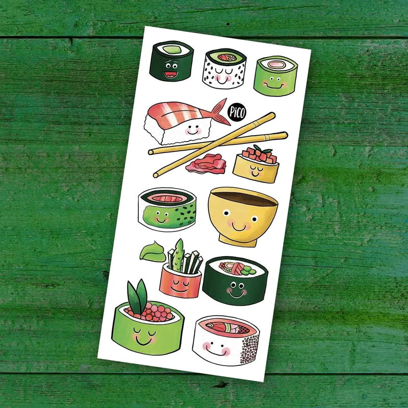 Tatouages temporaires les minis sushis par PiCO Tatouages temporaires. Design réalisé au Québec. / Mini sushi temporary tattoos by PiCO Temporary Tattoos. Design made in Canada.