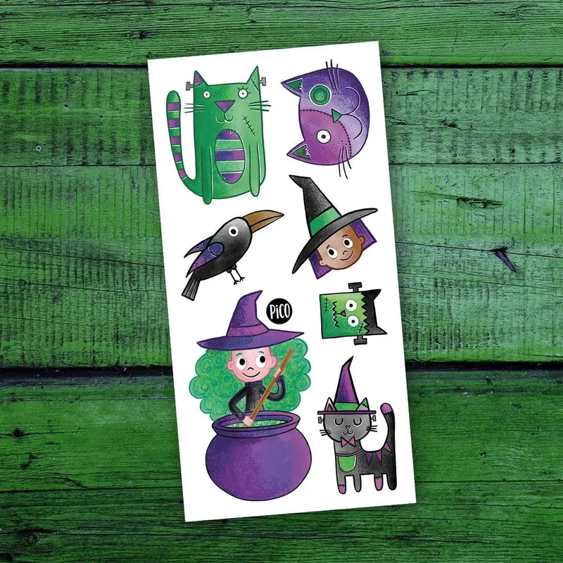 Tatouages temporaires Frankenchat et les sorcières par PiCO Tatouages temporaires. Design réalisé au Québec / Frankencat and the witches temporary tattoos by PiCO Temporary Tattoos. Design made in Canada.