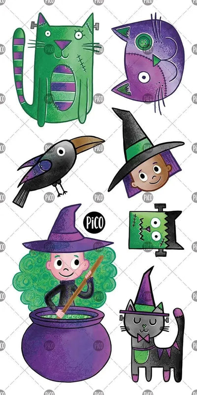 Tatouages temporaires Frankenchat et les sorcières par PiCO Tatouages temporaires. Design réalisé au Québec / Frankencat and the witches temporary tattoos by PiCO Temporary Tattoos. Design made in Canada.