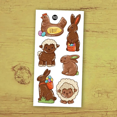 Tatouages temporaires des lapins et animaux en chocolat par PiCO Tatouages temporaires fait au Québec / Temporary tattoos of chocolate bunnies and animals  by PiCO Tatoo. Made in Quebec.