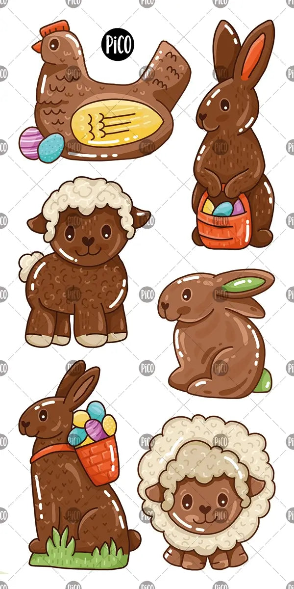 Tatouages temporaires des lapins et animaux en chocolat par PiCO Tatouages temporaires fait au Québec / Temporary tattoos of chocolate bunnies and animals  by PiCO Tatoo. Made in Quebec.