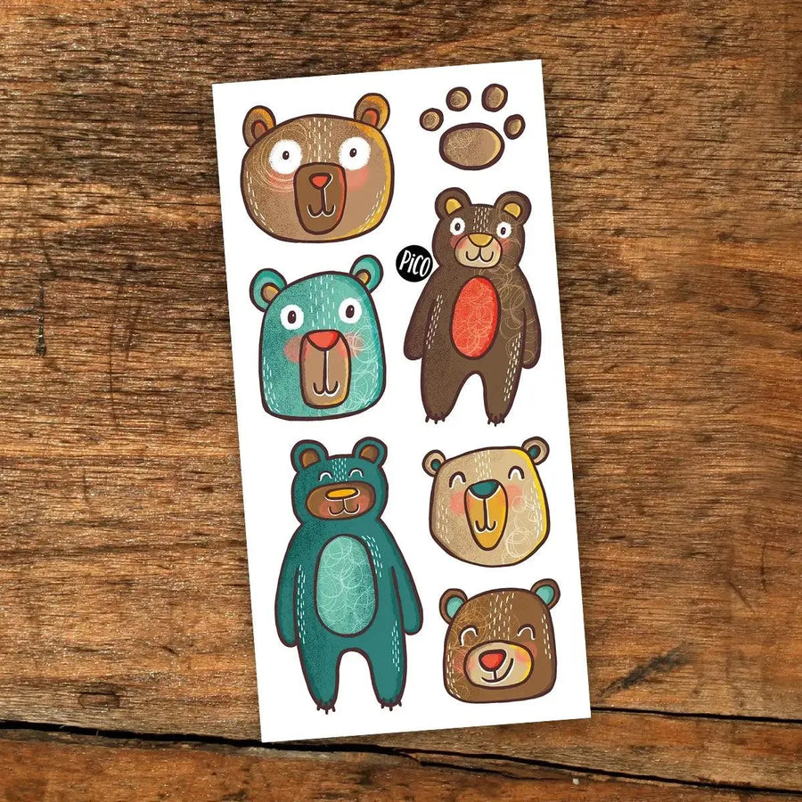 Tatouages temporaires d'oursons souriants par PiCO Tatouages temporaires faits au Québec. / Smiley teddy bear temporary tattoos by PiCO Tatoo. Made in Quebec.