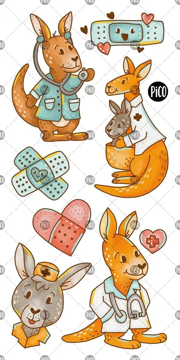 Tatouages temporaires du Médecin kangourou par PiCO Tatouages temporaires faits au Québec. / Kangaroo Doc temporary tattoos by PiCO Tatoo. Made in Quebec.