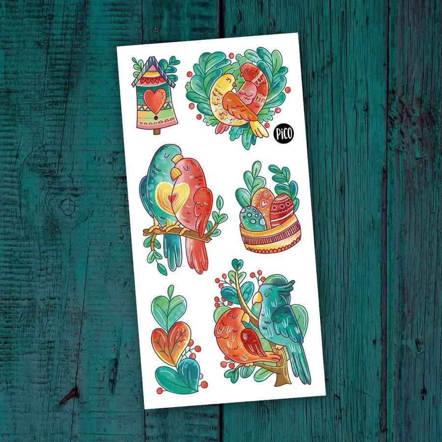 Tatouages temporaires d'oiseau amoureux  par PiCO Tatouages temporaires faits au Québec. / Love bird temporary tattoos by PiCO Temporary tattoos made in Quebec