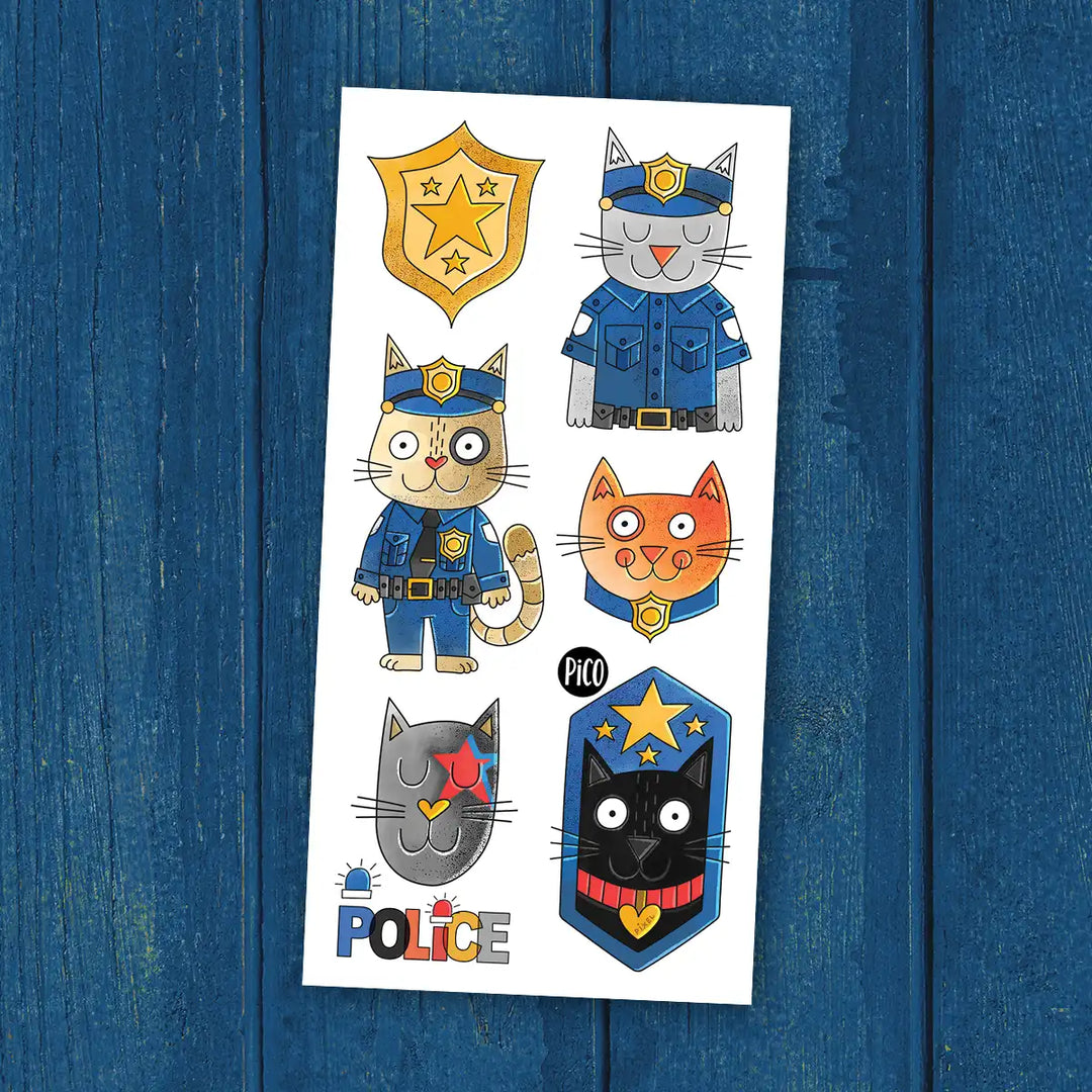 Tatouages Pixel le chat policier avec félins et accessoires de secours