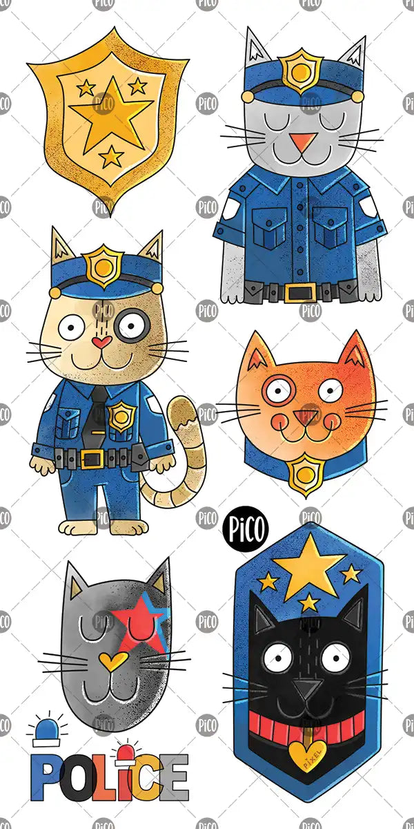 Tatouages Pixel le chat policier avec félins et accessoires de secours