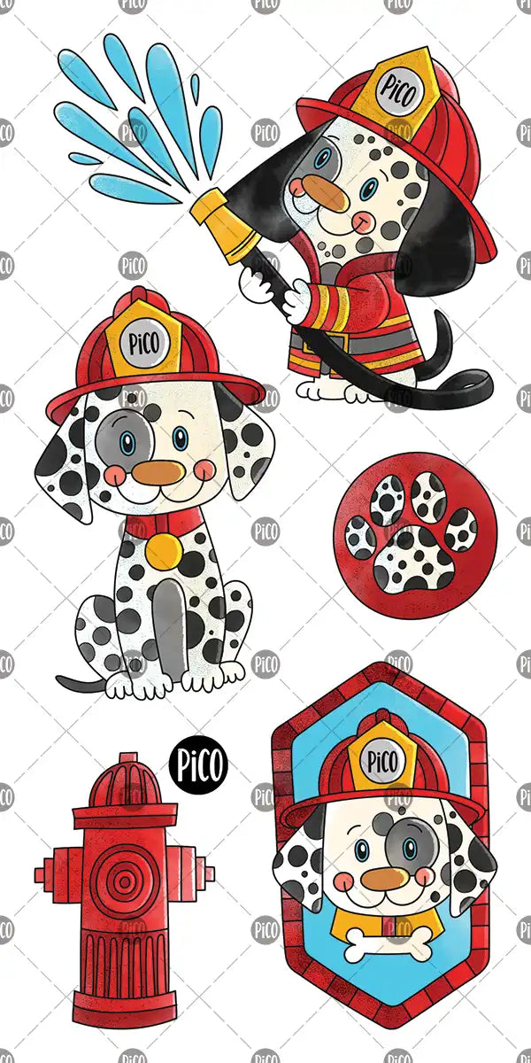 Tatouages Pico le chien pompier avec casques, dalmatiens et camions