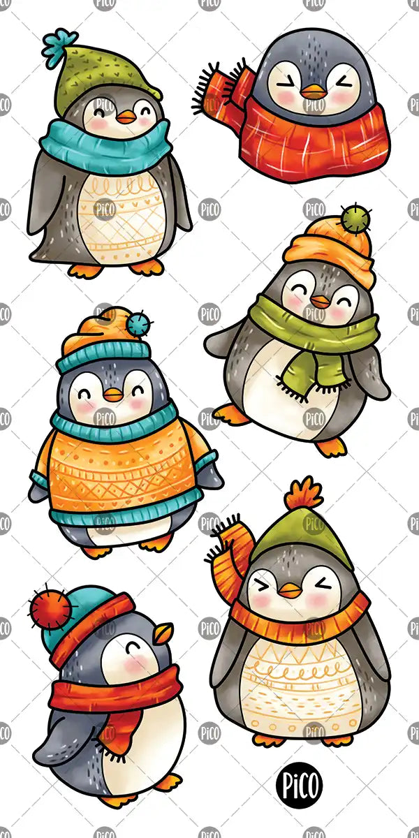 Tatouages temporaires manchots avec tuques et foulards colorés pour enfants.

Temporary tattoos of penguins wearing toques and colorful scarves for kids.