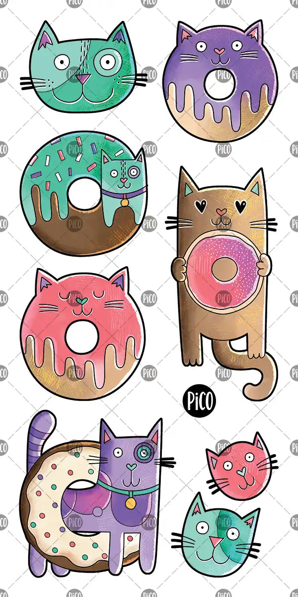 Tatouages temporaires chats-beignes, illustrations colorées de beignes en chat pour enfants.

Cat donut temporary tattoos, colorful cat-shaped donut illustrations for kids.