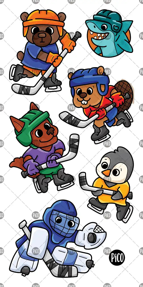 Tatouages temporaires joueurs de hockey animaux colorés pour enfants.

&nbsp;Colorful animal hockey player temporary tattoos for kids.