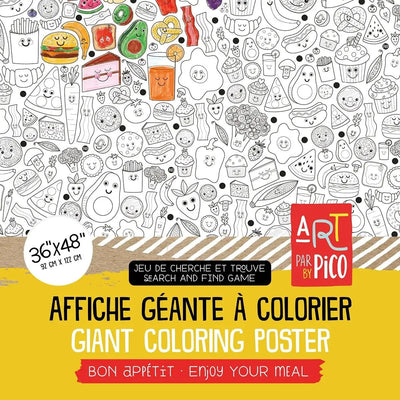 Coloriage géant de cherche et trouve de nourriture, créé par PiCO Tatouages temporaires. Affiche géante à colorier. Dessins créés et imprimés au Québec. Croissants, muffins, fruits, pizza et  /  Giant food search and find coloring poster, created by PiCO Temporary Tattoos. Giant coloring poster. Designs created and printed in Canada. Croissants, muffins, fruit, pizza and other delicacies.