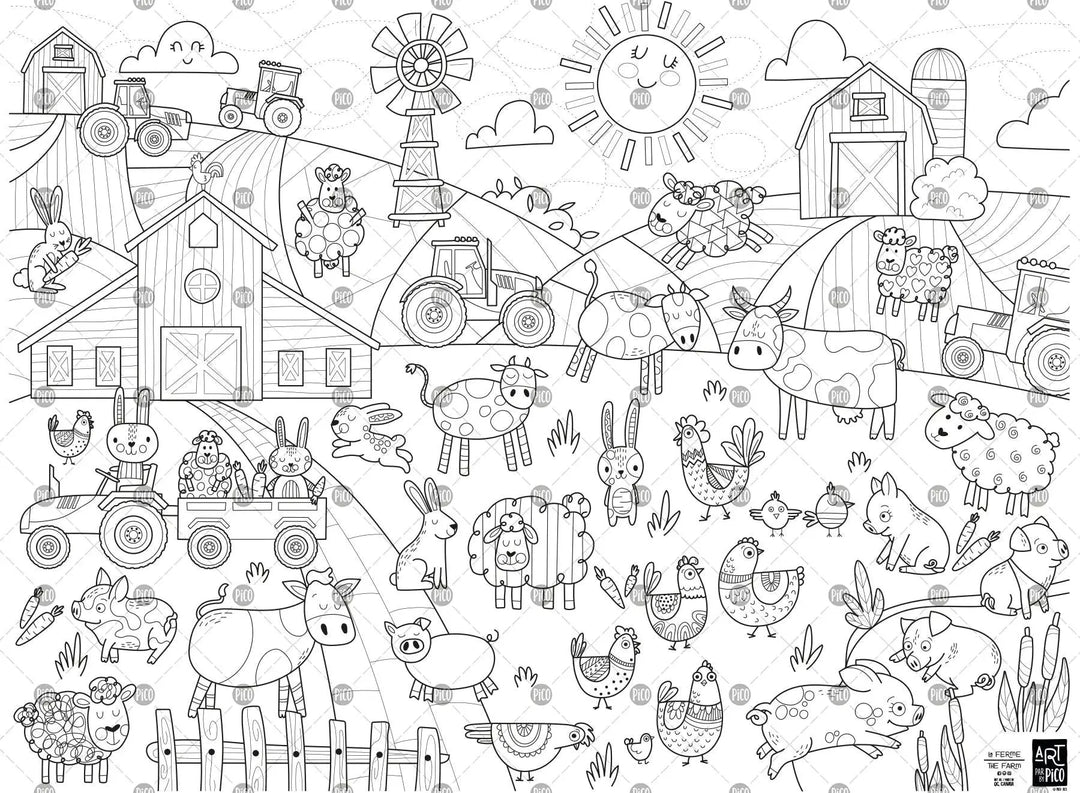 Coloriage géant des de la ferme créé par PiCO Tatouages temporaires. Affiche géante à colorier. Dessins créés et imprimés au Québec. Ferme, tracterus, vaches, cochons, lapins et autres petits animaux. / Giant farm coloring created by PiCO Temporary Tattoos. Giant coloring poster. Designs created and printed in Canada. Farm, tractors, cows, pigs, rabbits and other small animals.