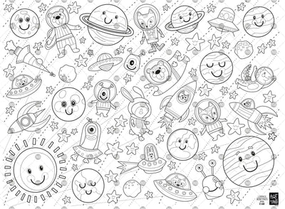 Coloriage géant de l'espace créé par PiCO Tatouages temporaires. Affiche géante à colorier. Dessins créés et imprimés au Québec. Planètes, étoiles, astronautes. / Giant space coloring poster created by PiCO Temporary Tattoos. Giant coloring poster. Designs created and printed in Canada. Planets, stars, astronauts.