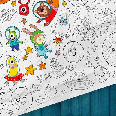 Coloriage géant de l'espace créé par PiCO Tatouages temporaires. Affiche géante à colorier. Dessins créés et imprimés au Québec. Planètes, étoiles, astronautes. / Giant space coloring poster created by PiCO Temporary Tattoos. Giant coloring poster. Designs created and printed in Canada. Planets, stars, astronauts.