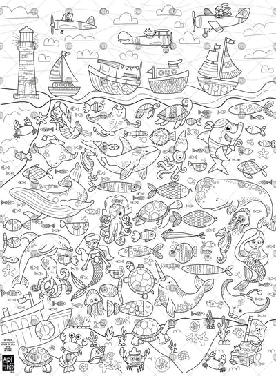 Coloriage géant de la mer créé par PiCO Tatouages temporaires. Affiche géante à colorier. Dessins créés et imprimés au Québec. Avions, bâteaux, poissons et créatures sous-marines à découvrir. / Giant under the sea coloring poster created by PiCO Temporary Tattoos. Giant coloring poster. Designs created and printed in Canada. Discover planes, boats, fish and underwater creatures.