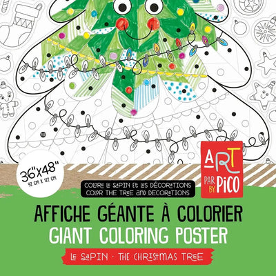 Coloriage et bricolage géant du sapin de Noël et ses décorations créé par PiCO Tatouages temporaires. Dessins créés et imprimés au Québec. Un sapin et de belles décorations à colorier et à découper. / Giant Christmas tree coloring poster and decorations created by PiCO Temporary Tattoos. Designs created and printed in Canada. A tree and beautiful decorations to color and cut out.