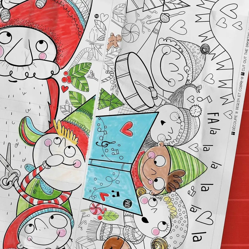 Coloriage géant d'un calendrier de l'avent à découper et d'un dessin de chorale créé par PiCO Tatouages temporaires. Affiche géante à colorier. Dessins créés et imprimés au Québec. Père-Noël et enfants chantant à la chorale extérieure de Noël. / Giant coloring of a cut-out advent calendar and a choir  Design created by PiCO Temporary Tattoos. Giant coloring poster. Designs created and printed in Canada. Santa and children singing at the outdoor Christmas choir.