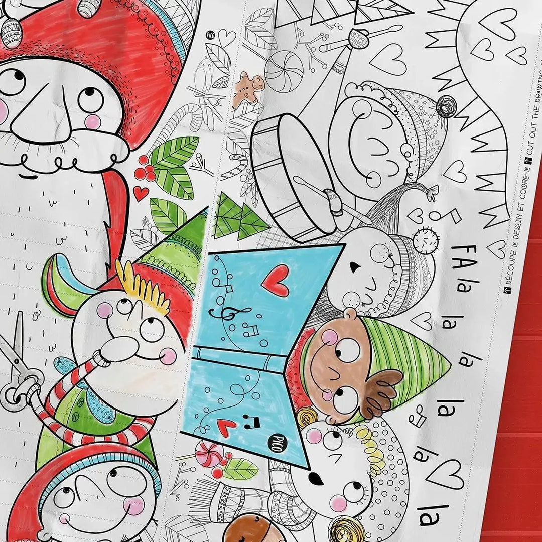 Coloriage géant d'un calendrier de l'avent à découper et d'un dessin de chorale créé par PiCO Tatouages temporaires. Affiche géante à colorier. Dessins créés et imprimés au Québec. Père-Noël et enfants chantant à la chorale extérieure de Noël. / Giant coloring of a cut-out advent calendar and a choir  Design created by PiCO Temporary Tattoos. Giant coloring poster. Designs created and printed in Canada. Santa and children singing at the outdoor Christmas choir.