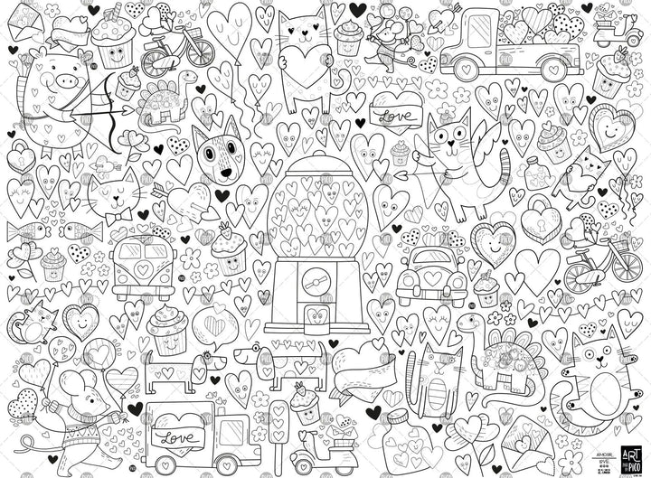 Coloriage géant de l'amour créé par PiCO Tatouages temporaires. Affiche géante à colorier. Dessins créés et imprimés au Québec. Différents animaux et véhicules pour la St-Valentin. / Giant love coloring poster created by PiCO Temporary Tattoos. Giant coloring poster. Designs created and printed in Canada. Various animals and vehicles for Valentine's Day.