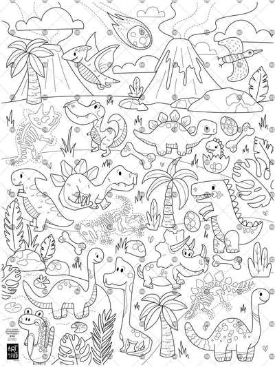 Coloriage géant Les dinosaures, créé par PiCO Tatouages temporaires. Affiche géante à colorier. Dessins créés et imprimés au Québec. Dinosaures, volcans, fossiles et autres dessins sympathiques. / Giant dinosaur coloring poster created by PiCO Temporary Tattoos. Giant coloring poster. Designs created and printed in Quebec. Dinosaurs, fossils, volcanoes and other cool designs.