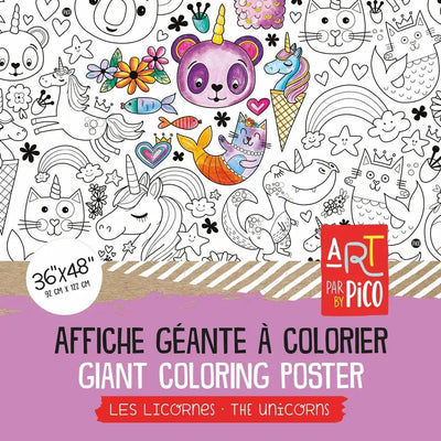 Coloriage géant La licornerie avec chat et sirènes ! Un cadeau original pour stimuler la créativité.  Design québécois. Impression réalisée au Québec. / Giant unicorn coloring poster with cats and mermaids! An original gift to stimulate creativity.  Quebec design. Printed in Quebec.