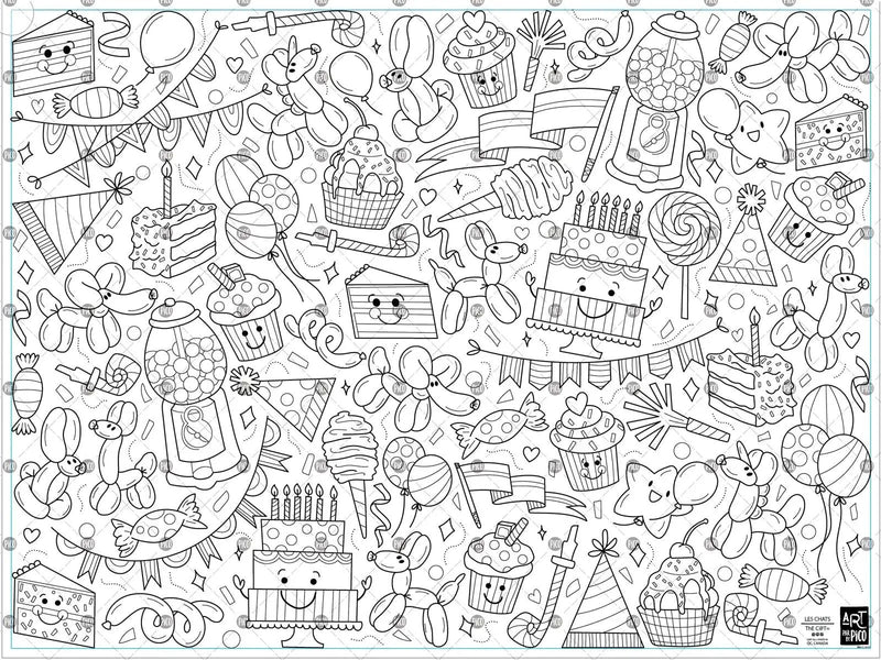 Coloriage géant anniversaire créé par PiCO Tatouages temporaires. Affiche géante à colorier. Dessins créés et imprimés au Québec. Ballons, gâteaux, cupcakes et confettis. / Giant birthday coloring poster created by PiCO Temporary Tattoos. Giant coloring poster. Drawings created and printed in Quebec. Balloons, cakes, cupcakes and confetti.