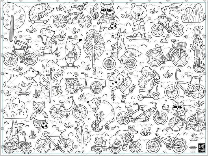 Coloriage géant Les animaux en vélo, créé par PiCO Tatouages temporaires. Affiche géante à colorier. Dessins créés et imprimés au Québec. Animaux de la forêt en vélos, trottinettes et planches à roulettes / Giant coloring poster of animals on bikes, created by PiCO Temporary Tattoos. Giant coloring poster. Designs created and printed in Quebec. Forest animals on bikes, scooters and skateboards.