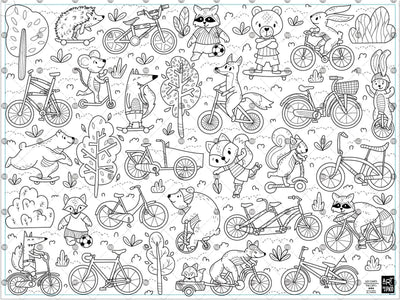 Coloriage géant Les animaux en vélo, créé par PiCO Tatouages temporaires. Affiche géante à colorier. Dessins créés et imprimés au Québec. Animaux de la forêt en vélos, trottinettes et planches à roulettes / Giant coloring poster of animals on bikes, created by PiCO Temporary Tattoos. Giant coloring poster. Designs created and printed in Quebec. Forest animals on bikes, scooters and skateboards.