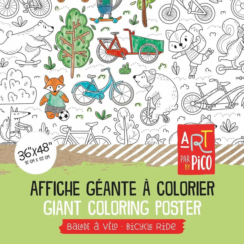 Coloriage géant Les animaux en vélo, créé par PiCO Tatouages temporaires. Affiche géante à colorier. Dessins créés et imprimés au Québec. Animaux de la forêt en vélos, trottinettes et planches à roulettes / Giant coloring poster of animals on bikes, created by PiCO Temporary Tattoos. Giant coloring poster. Designs created and printed in Quebec. Forest animals on bikes, scooters and skateboards.