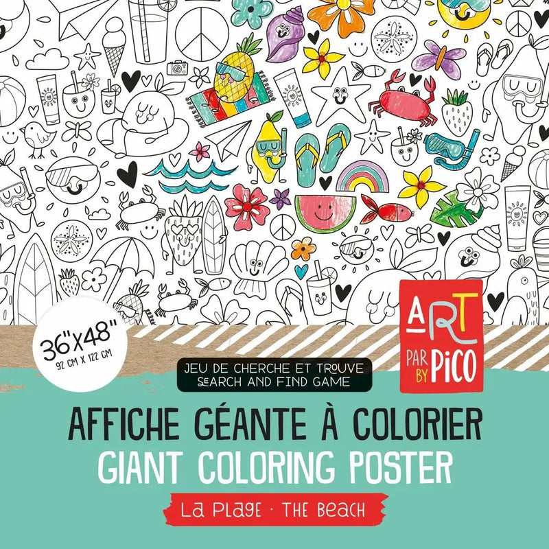 Coloriage géant de cherche et trouve de la plage, créé par PiCO Tatouages temporaires. Affiche géante à colorier. Dessins créés et imprimés au Québec. Étoile de mer, oiseaux, fruits à la plage et objets de plage. / Giant beach coloring game, created by PiCO Temporary Tattoos. Giant coloring poster. Designs created and printed in Canada . Starfish, birds, beach fruit and beach objects.