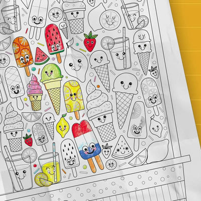 Coloriage géant de limonade et friandises glacées créé par PiCO Tatouages temporaires. Affiche géante à colorier. Dessins créés et imprimés au Québec. Cornets, popsicles, et breuvages d’été en tout genre. / Giant lemonade and ice cream coloring poster created by PiCO Temporary Tattoos. Giant coloring poster. Designs created and printed in Canada. Ice cream cones, popsicles and summer beverages of all kinds.