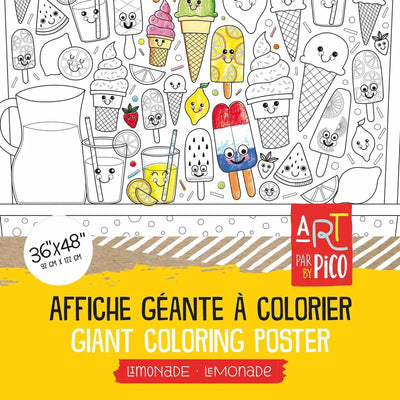 Coloriage géant de limonade et friandises glacées créé par PiCO Tatouages temporaires. Affiche géante à colorier. Dessins créés et imprimés au Québec. Cornets, popsicles, et breuvages d’été en tout genre. / Giant lemonade and ice cream coloring poster created by PiCO Temporary Tattoos. Giant coloring poster. Designs created and printed in Canada. Ice cream cones, popsicles and summer beverages of all kinds.