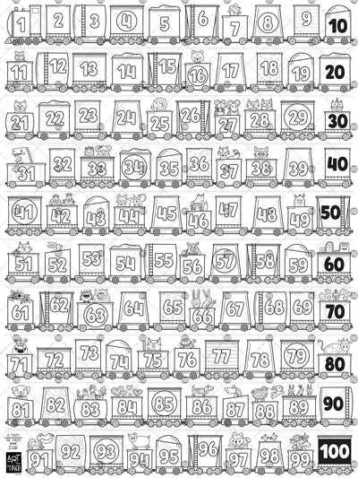 Coloriage géant Le train des chiffres, créé par PiCO Tatouages temporaires. Affiche géante à colorier. Dessins créés et imprimés au Québec. Chiffres de 1 à 100 pour un apprentissage amusant. / Giant number train coloring poster, created by PiCO Temporary Tattoos. Giant coloring poster. Designs created and printed in Canada. Numbers from 1 to 100 to learn to count in a fun way.