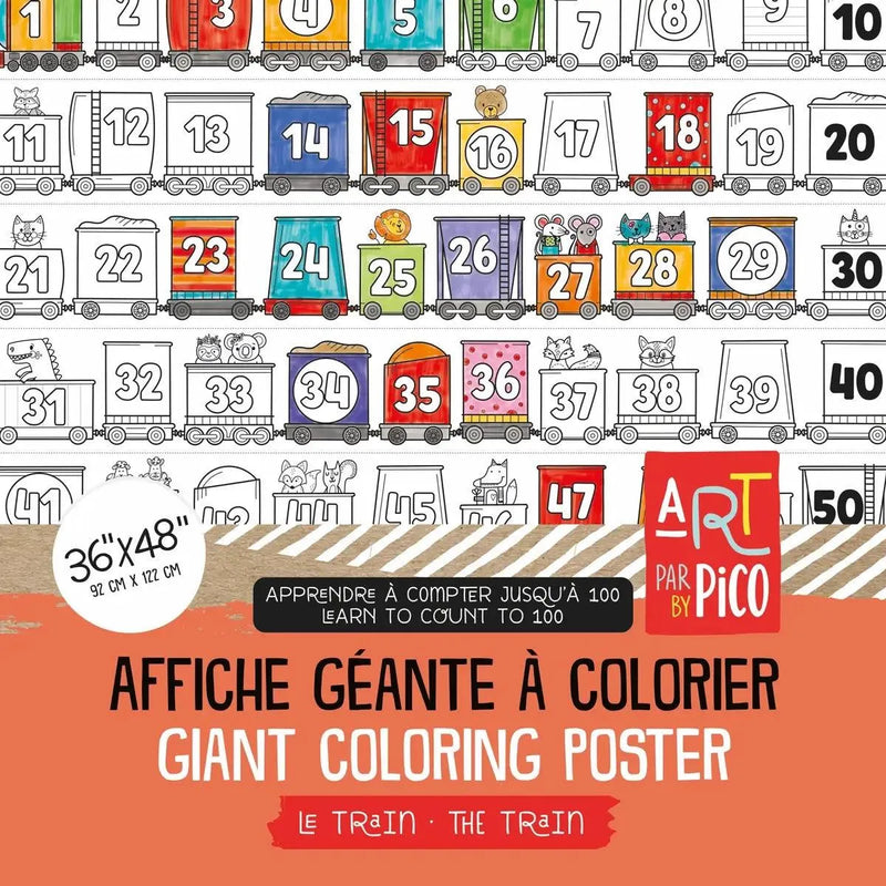 Coloriage géant Le train des chiffres, créé par PiCO Tatouages temporaires. Affiche géante à colorier. Dessins créés et imprimés au Québec. Chiffres de 1 à 100 pour un apprentissage amusant. / Giant number train coloring poster, created by PiCO Temporary Tattoos. Giant coloring poster. Designs created and printed in Canada. Numbers from 1 to 100 to learn to count in a fun way.