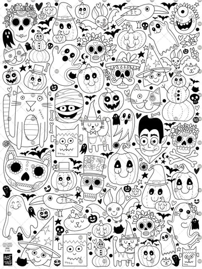 Coloriage géant Halloween créé par PiCO Tatouages temporaires. Affiche géante à colorier. Dessins créés et imprimés au Québec. Sorcières, citrouilles, fantômes et autres personnages. / Giant Halloween coloring poster created by PiCO Temporary Tattoos. Giant coloring poster. Designs created and printed in Canada. Witches, pumpkins, ghosts and other characters.