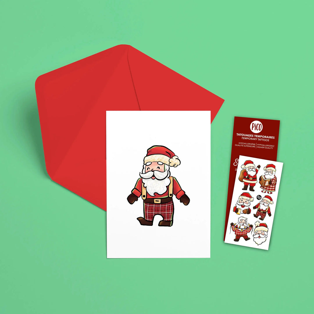 Carte de souhaits du Père Noël en pyjama, avec des tatouages temporaires, par PiCO Tatoo