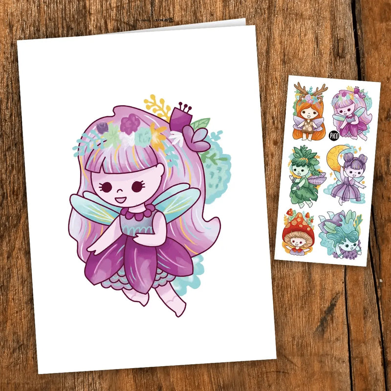 Carte de souhaits les Douces fées par PiCO Tatouages temporaires. Les cartes sont imprimées au Québec. Comprends une feuille de tatouages temporaires. / Sweet fairies greeting card by PiCO Temporary Tattoos. Cards are printed in Canada. Includes a sheet of temporary tattoos.