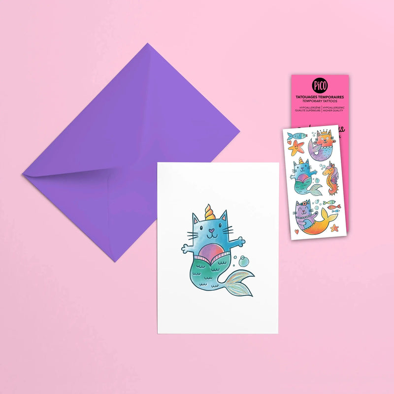 Carte de souhaits les chatsirènes par PiCO Tatouages temporaires. Les cartes sont imprimées au Québec. / The Cat-mermaid greeting card by PiCO Tatoo. Cards are printed in Quebec.