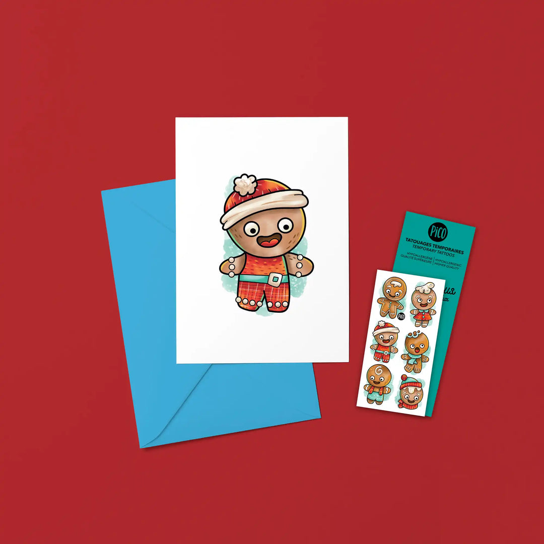 Carte de souhaits pour enfant illustrée de biscuits en pain d'épice avec tatouage temporaire assorti, cadeau festif et amusant pour anniversaire.
Children's greeting card featuring gingerbread cookie illustrations with a matching temporary tattoo, fun and festive birthday gift.