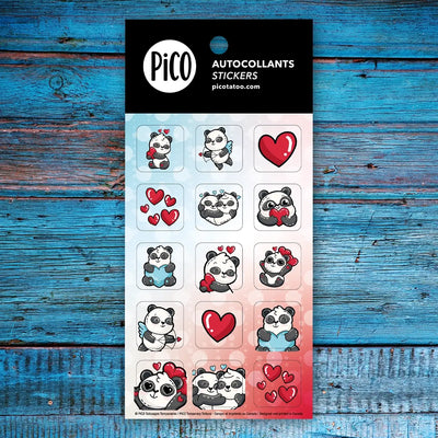 Autocollants des pandas amoureux. Dessins par PiCO Tatouages temporaires créés et imprimés au Québec. / Panda lover stickers. Designs by PiCO Temporary Tattoos created and printed in Canada.