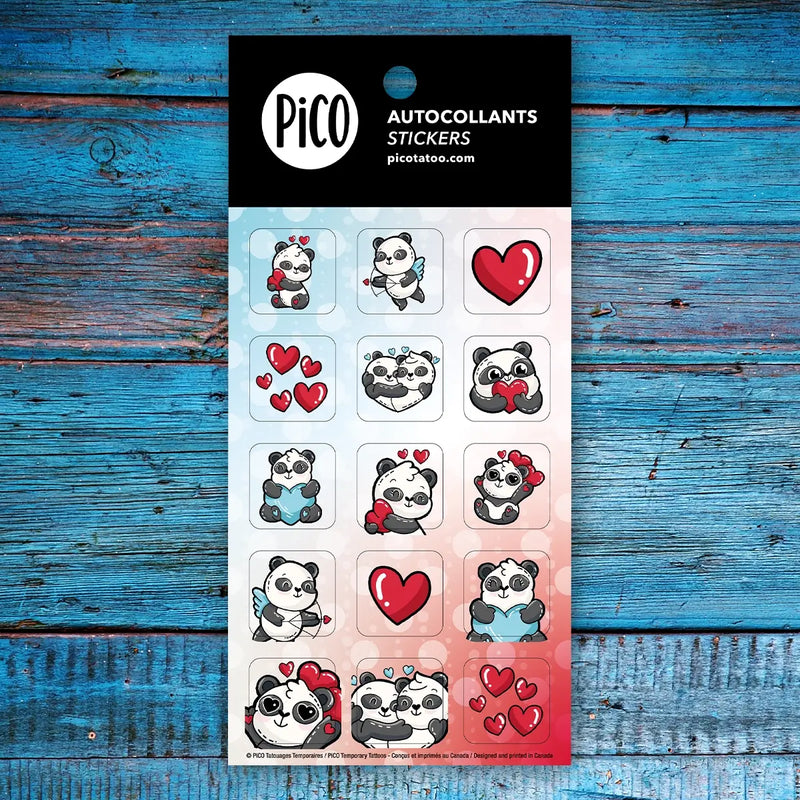 Autocollants des pandas amoureux. Dessins par PiCO Tatouages temporaires créés et imprimés au Québec. / Panda lover stickers. Designs by PiCO Temporary Tattoos created and printed in Canada.