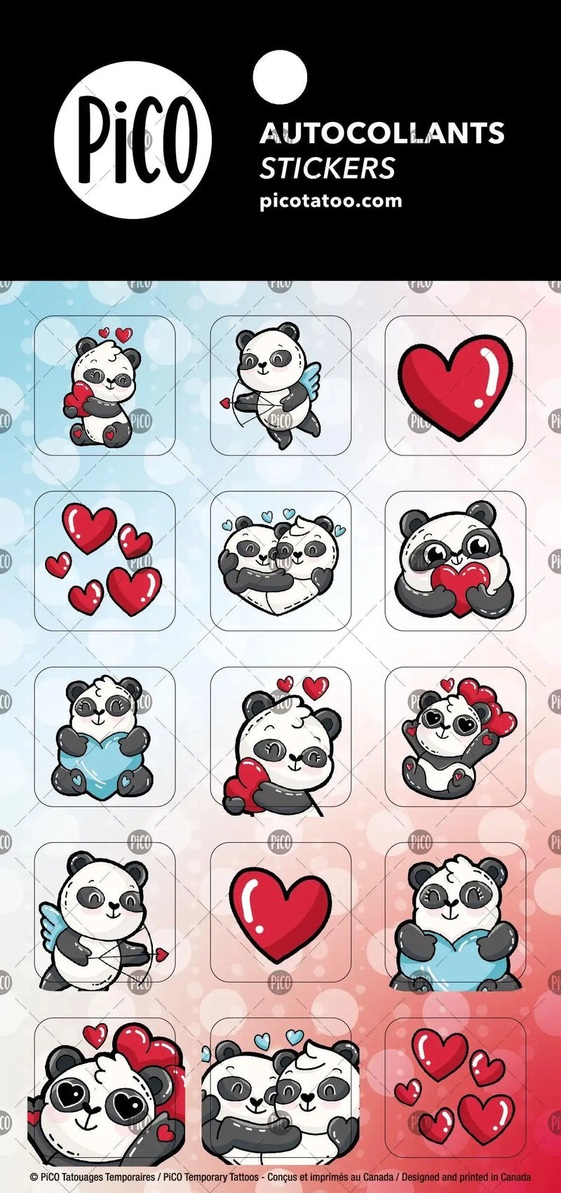 Autocollants des pandas amoureux. Dessins par PiCO Tatouages temporaires créés et imprimés au Québec. / Panda lover stickers. Designs by PiCO Temporary Tattoos created and printed in Canada.